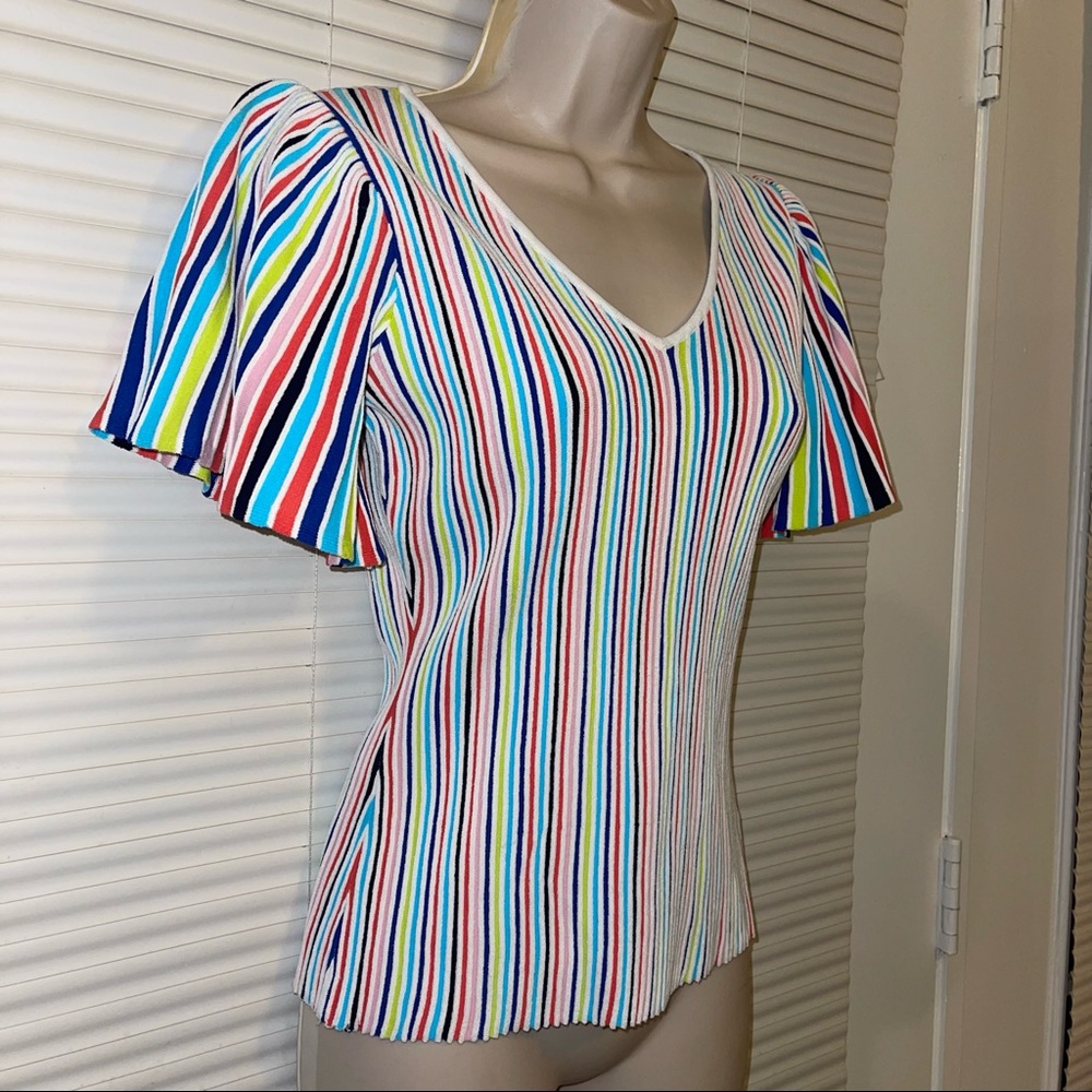 Milly Striped Flutter-Sleeve Rib- Knit Top - Picture 6 of 9